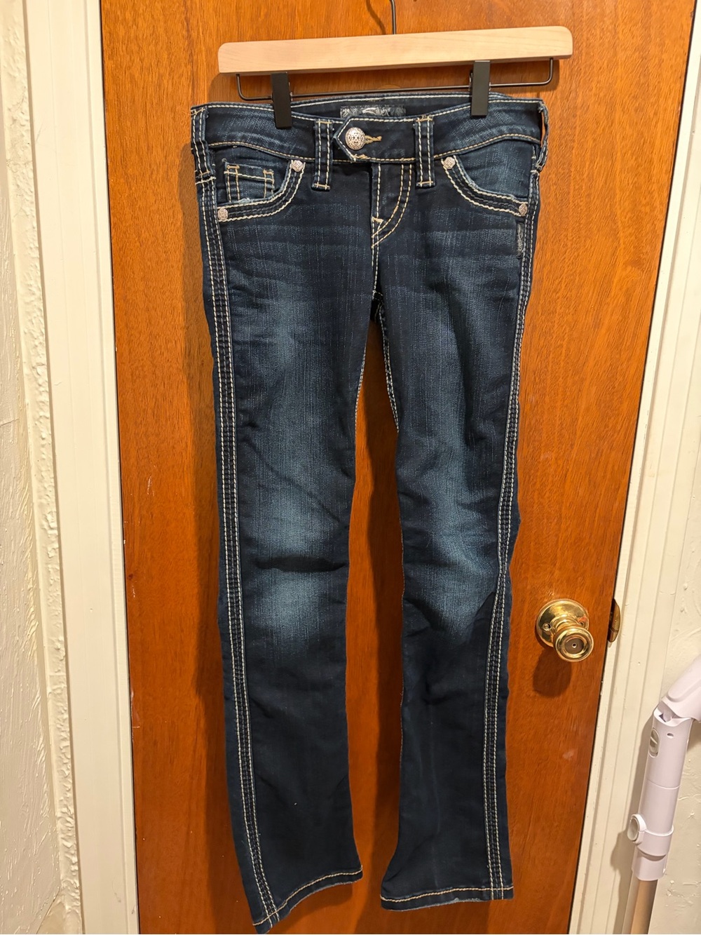 Silver Jeans Dark Blue Boot-Cut Jeans with White Contrast Stitching
